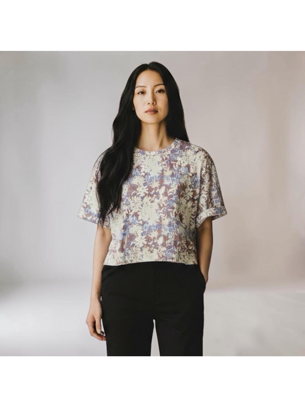 Wildfang Essential Boxy Crop Top Woodblock Floral Print Pastel Size Small NWT